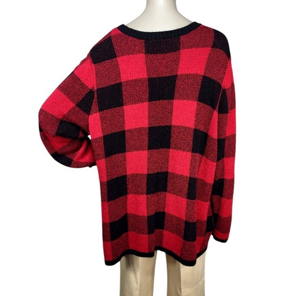 Grunge RED/BLK Buffalo Plaid Check Knit Flannel Pullover Basic Fall Sweater - Picture 6 of 7